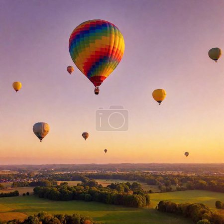 Téléchargez les photos : Montgolfières colorées volant au-dessus du ciel à l'aube - en image libre de droit