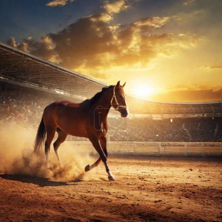 Pferd auf einer prestigeträchtigen Rennbahn bei Sonnenuntergang