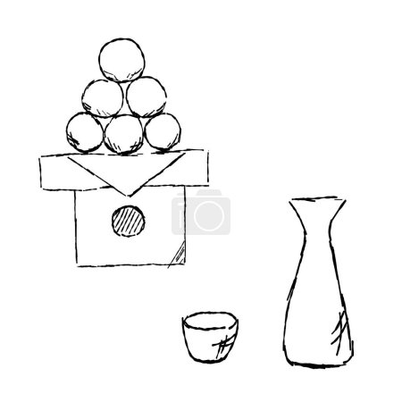 Viewing the moon line drawing illustration set of dumplings offered to the moon and a small sake cup and the sake bottle.