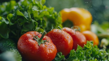 Un vibrante surtido de tomates frescos, pimientos amarillos y hojas de albahaca se extiende a través de una encimera rústica oscura. Diferentes especias, incluyendo granos de pimienta y sal, se dispersan alrededor de las verduras, creando una exhibición colorida y apetitosa.