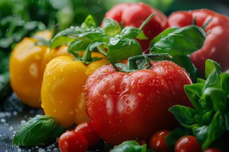 Eine lebhafte Auswahl an frischen Tomaten, gelben Paprika und Basilikumblättern breitet sich über eine rustikale dunkle Arbeitsplatte aus. Verschiedene Gewürze, darunter Pfefferkörner und Salz, sind rund um das Gemüse verstreut, wodurch eine farbenfrohe und appetitliche Darstellung entsteht.