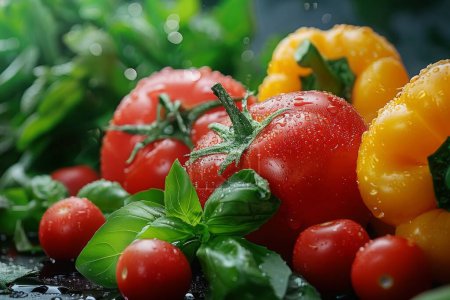 A vibrant assortment of fresh tomatoes, yellow peppers, and basil leaves is spread across a rustic dark countertop. Different spices, including peppercorns and salt, are scattered around the vegetables, creating a colorful and appetizing display.