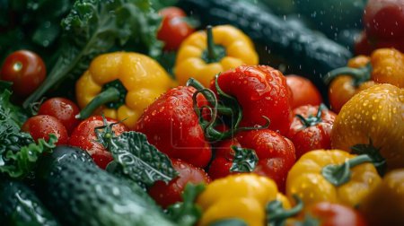 Un assortiment vibrant de tomates fraîches, de poivrons jaunes et de feuilles de basilic est réparti sur un comptoir rustique sombre. Différentes épices, y compris les grains de poivre et le sel, sont dispersées autour des légumes, créant un affichage coloré et appétissant.