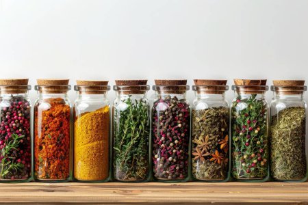 Various spices and herbs are displayed in glass jars with cork lids on a wooden table. Fresh herbs and ground spices are spread out, showcasing their vibrant colors and variety.