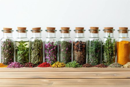 Various spices and herbs are displayed in glass jars with cork lids on a wooden table. Fresh herbs and ground spices are spread out, showcasing their vibrant colors and variety.