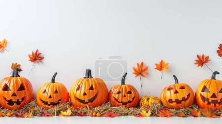 A row of carved and uncarved pumpkins is displayed on a bed of hay, accented by colorful autumn leaves. This festive setup captures the spirit of Halloween and fall.