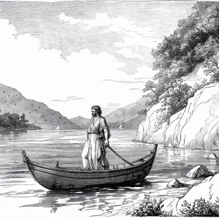 Schwarz-weiße Illustration im Stil antiker griechischer Kunstwerke, die einen Mann in Toga beim Segeln auf einem Boot zeigt 