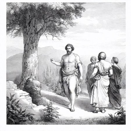 Vier antike Menschen in Togas treffen sich auf dem Berg zu einer geheimnisvollen Begegnung mit einem großen Baum im Hintergrund
