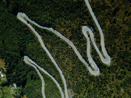 Luftaufnahme einer kurvenreichen Bergstraße, die von üppigen Vegetatis umgeben ist