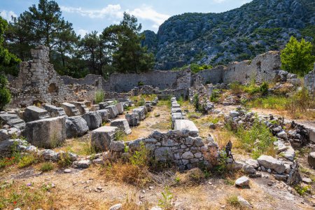 Foto de Olympos ancient ruin site view in popular resort town of Olympos, near Antalya, Turkey.  Olympos archaeological site with natural landscape. - Imagen libre de derechos