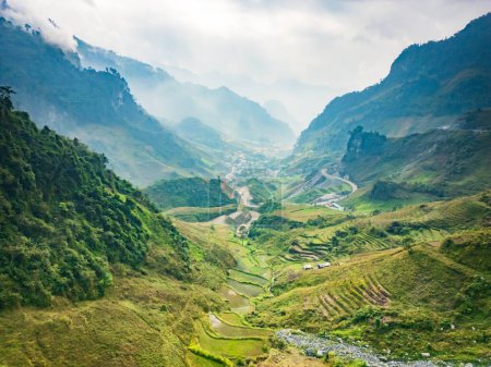 Ha Giang aerial landscape in Northern Vietnam. drone aerial view of Ha Giang Loop tour route scenery, 