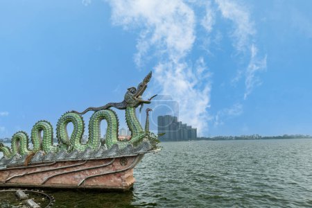 Hanoi West Lake, or Tay Ho Lake, view with Twin Dragons statue, a famous monument in Hanoi Vietnam 