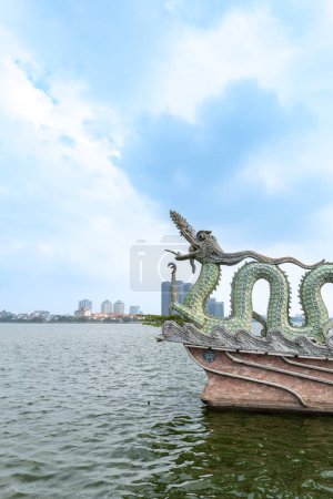 Hanoi West Lake, or Tay Ho Lake, view with Twin Dragons statue, a famous monument in Hanoi Vietnam