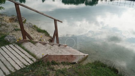 Wooden Stairs Leading to the Lake with Rocks and Leontodon hispidus in Background A serene scene depicting wooden stairs leading down to the lake, with rocks and Leontodon hispidus plant in the background. The wooden stairs provide access to the tran