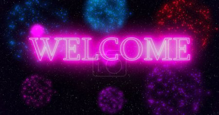Photo for Pink neon color Goodbye 2023 Welcome 2024 text illustration with neon colorful fireworks in high-resolution. Past year 2023 new year 2024. - Royalty Free Image