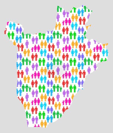Carte du Burundi montrant la diversité familiale avec des icônes de genre colorées