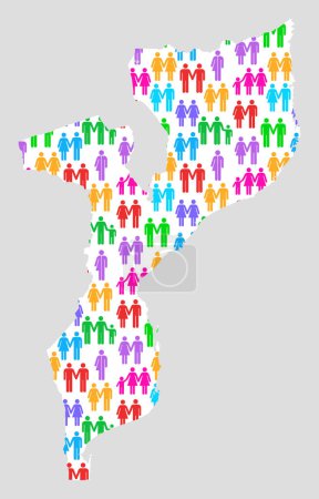 Carte du Mozambique montrant la diversité familiale avec des icônes de genre colorées