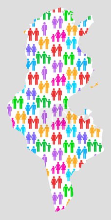 Mapa de Túnez mostrando diversidad familiar con coloridos iconos de género