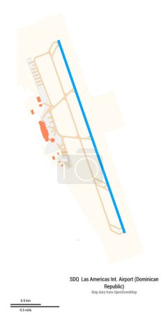Carte de l'aéroport international de Las Americas (République dominicaine). Code IATA : SDQ. Schéma de l'aéroport avec pistes, voies de circulation, aire de trafic, aires de stationnement et bâtiments. Données de carte de OpenStreetMap.