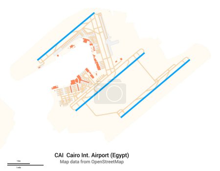 Carte de L'aéroport international du Caire (Egypte). Code IATA : CAI. Schéma de l'aéroport avec pistes, voies de circulation, aire de trafic, aires de stationnement et bâtiments. Données de carte de OpenStreetMap.