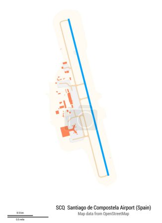 Carte de l'aéroport de Santiago de Compostela (Espagne). Code IATA : SCQ. Schéma de l'aéroport avec pistes, voies de circulation, aire de trafic, aires de stationnement et bâtiments. Données de carte de OpenStreetMap.