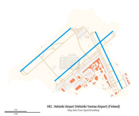 Carte de l'aéroport d'Helsinki (aéroport d'Helsinki-Vantaa) (Finlande). Code IATA : HEL. Schéma de l'aéroport avec pistes, voies de circulation, aire de trafic, aires de stationnement et bâtiments. Données de carte de OpenStreetMap.