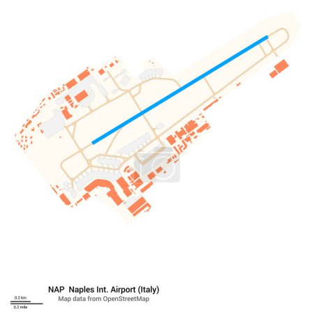 Mapa de Aeropuerto Internacional de Nápoles (Italia). Código IATA: NAP. Diagrama del aeropuerto con pistas de aterrizaje, pistas de rodaje, delantal, áreas de estacionamiento y edificios. Mapa de datos de OpenStreetMap.