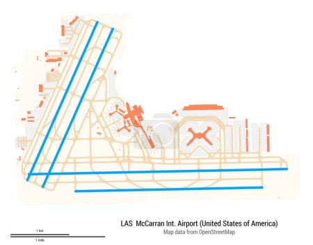 Mapa de McCarran International Airport (Estados Unidos de América). Código IATA: LAS. Diagrama del aeropuerto con pistas de aterrizaje, pistas de rodaje, delantal, áreas de estacionamiento y edificios. Mapa de datos de OpenStreetMap.