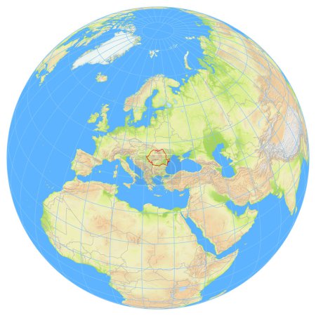 Vue de la Terre depuis l'espace montrant l'emplacement du pays Roumanie en Europe. Le pays est souligné par un polygone rouge. Les petits pays sont également marqués d'un cercle rouge. Pas d'étiquettes du tout.