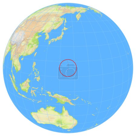 View of the Earth from space showing the location of the country Northern Mariana Islands in Oceania. The country is highlighted with a red polygon. Small countries are also marked with a red circle. No labels at all.