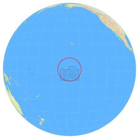 Blick auf die Erde aus dem All, der die Lage des Landes Kiribati in Ozeanien zeigt. Das Land ist mit einem roten Polygon hervorgehoben. Kleine Länder sind ebenfalls mit einem roten Kreis gekennzeichnet. Keine Etiketten.
