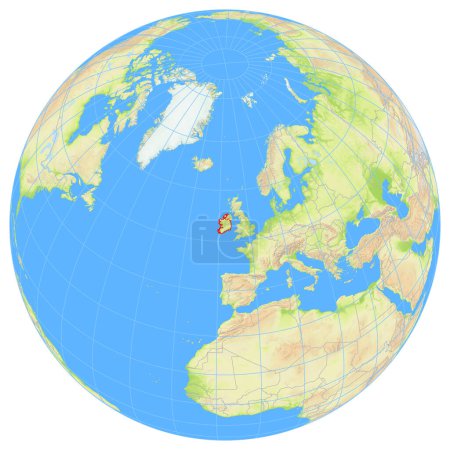Vue de la Terre depuis l'espace montrant l'emplacement du pays Irlande en Europe. Le pays est souligné par un polygone rouge. Les petits pays sont également marqués d'un cercle rouge. Pas d'étiquettes du tout.