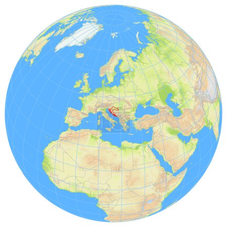 Vue de la Terre depuis l'espace montrant l'emplacement du pays Croatie en Europe. Le pays est souligné par un polygone rouge. Les petits pays sont également marqués d'un cercle rouge. Pas d'étiquettes du tout.