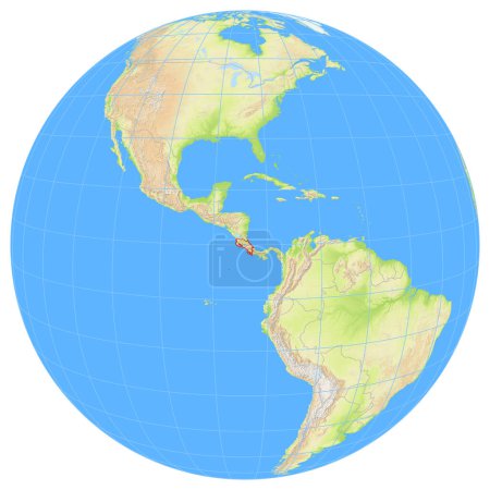 Vue de la Terre depuis l'espace montrant l'emplacement du pays Costa Rica en Amérique du Nord. Le pays est souligné par un polygone rouge. Les petits pays sont également marqués d'un cercle rouge. Pas d'étiquettes du tout.