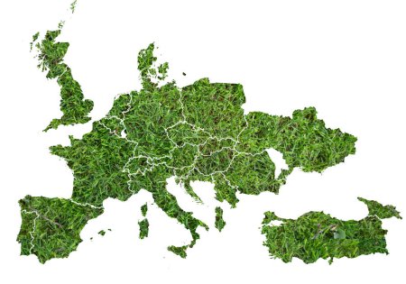 Map of Europe showing the countries of the European Football Championship 2024 with a grass football field