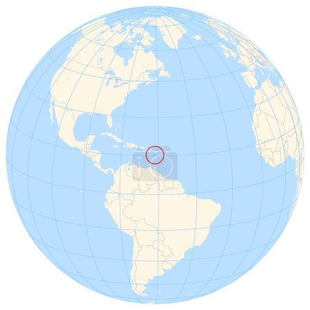 Locator map showing the location of the country Dominica in North America. The country is highlighted with a red polygon. Small countries are also marked with a red circle. The map shows yellow land areas, blue sea, state borders and blue grid lines