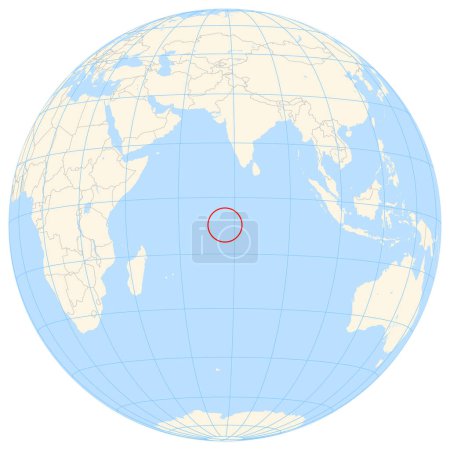 Mapa del localizador que muestra la ubicación del país Territorio Británico del Océano Índico en Siete mares. El país se destaca con un polígono rojo. Los países pequeños también están marcados con un círculo rojo. El mapa muestra áreas de tierra amarillas, mar azul, fronteras estatales a