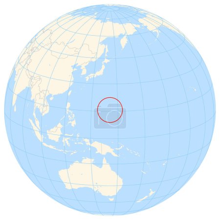 Locator map showing the location of the country Northern Mariana Islands in Oceania. The country is highlighted with a red polygon. Small countries are also marked with a red circle. The map shows yellow land areas, blue sea, state borders and a blue