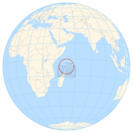 Locator map showing the location of the country Seychelles in Seven seas. The country is highlighted with a red polygon. Small countries are also marked with a red circle. The map shows yellow land areas, blue sea, state borders and blue grid lines