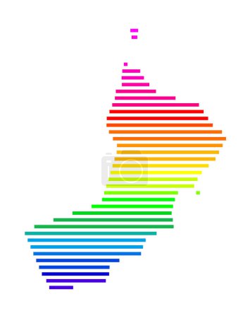 Abstract map of Oman showing the country with horizontal parallel lines in rainbow colors