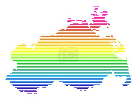 Symbolkarte des Landes Mecklenburg-Vorpommern. Abstrakte Karte des Bundeslandes mit horizontalen Parallellinien in Regenbogenfarben