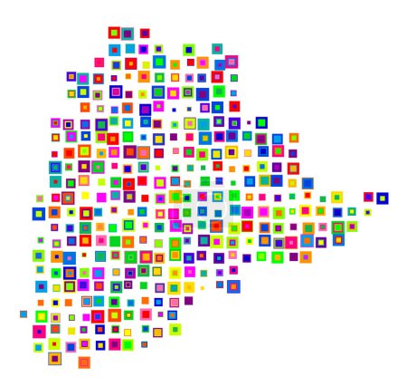 Symbol Map of the State Telangana (India). Abstract map showing the state/province with a pattern of overlapping colorful squares like candies