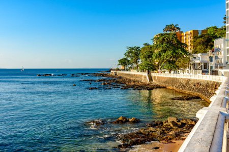 Téléchargez les photos : Avenue océanique à Salvador, Bahia sur les eaux de la plage de Barra par un après-midi ensoleillé avec les bâtiments sur le côté - en image libre de droit