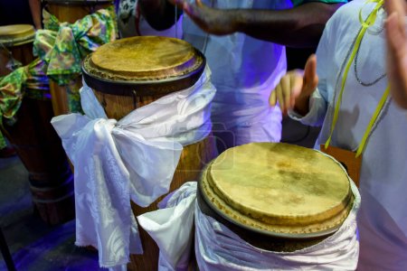 Some drums called atabaque in Brazil used during a typical Umbanda ceremony, an Afro-Brazilian religion where they are the main instruments