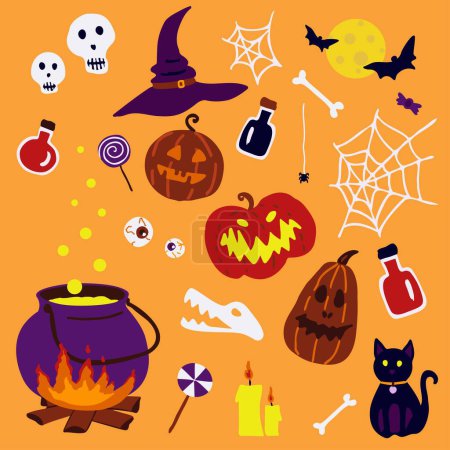 Conjunto de iconos de Halloween con calabazas, calaveras, murciélagos y otros elementos. Set dibujado a mano. Ilustración vectorial plana.