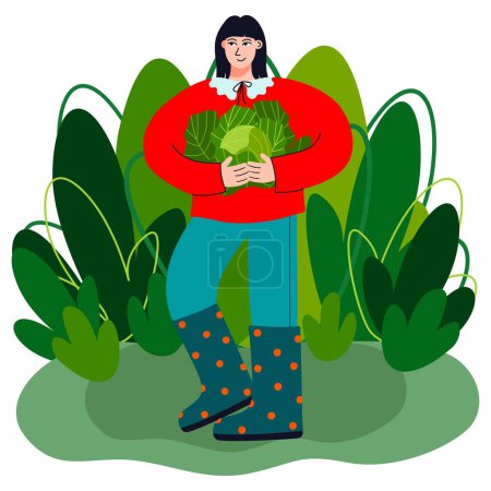Eine Frau hält Kohl, den sie selbst angebaut hat. Bunte, handgezeichnete Vektorillustration eines trendigen Weibchens mit grünem Hintergrund. 