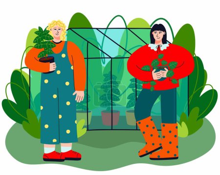 Illustration von zwei Frauen und einem Gewächshaus im Hintergrund. Handgezeichnete flache Vektorillustration trendiger Menschen mit viel Grün.