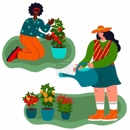 Illustration zweier Frauen, die Pflanzen in verschiedenen Töpfen pflanzen und gießen. Handgezeichnete flache Vektorillustration trendiger Menschen mit viel Grün.