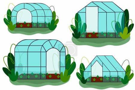 Eine Reihe unterschiedlich geformter Gewächshäuser. Handgezeichnete flache Vektorillustration mit Grün.