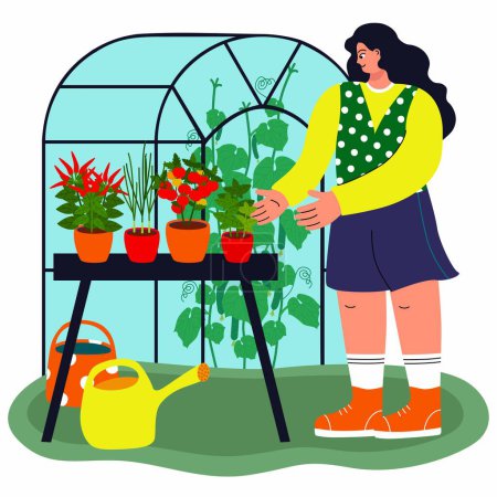 Eine Illustration einer Frau, Pflanzen und ein Gewächshaus im Hintergrund. Handgezeichnete flache Vektorillustration trendiger Menschen mit viel Grün.